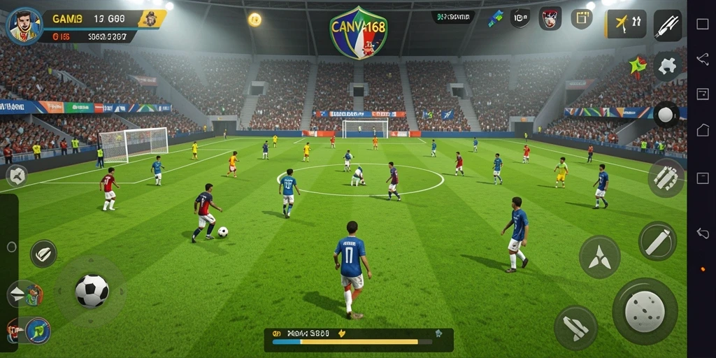 Screenshot CANVA168 menunjukkan gameplay mendebarkan dari laga sepak bola.