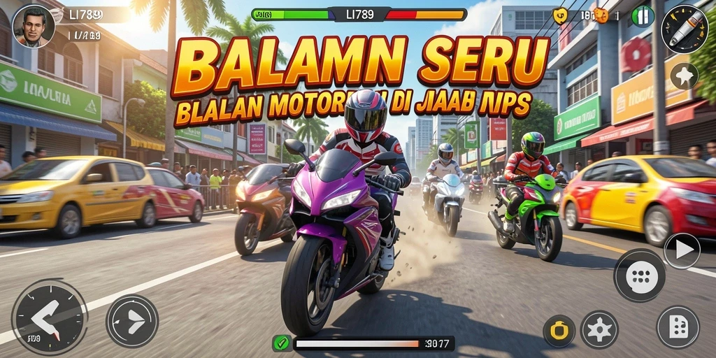Screenshot utama LI789 menampilkan aksi balapan motor yang mendebarkan.