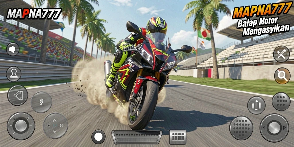 Tangkapan layar gameplay MAPNA777 menampilkan aksi balap motor yang mendebarkan.