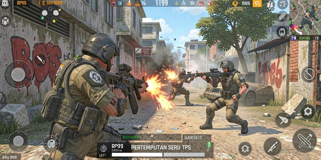 Screenshot utama gameplay RP99 menampilkan aksi pertempuran seru dan strategis.